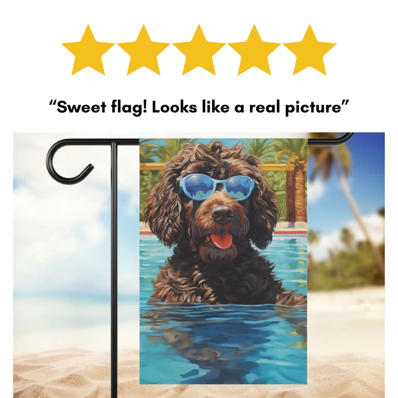 May include: A brown and white dog wearing blue sunglasses is in a swimming pool. The dog is looking at the camera with its tongue sticking out. The pool is surrounded by palm trees and a green fence.