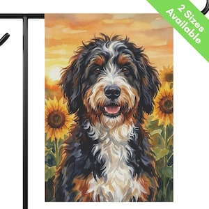 Bernedoodle Sunflower Garden Flag, Autumn Sheepadoodle House Flag, Tri Color Doodle Dog Mom Gift, Aussiedoodle Yard Art