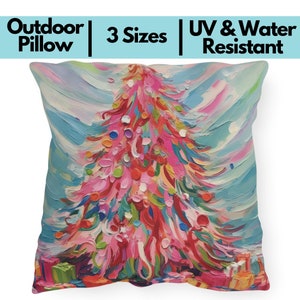 Colorful Christmas Tree Outdoor Pillow, UV Water Resistant Bench Pillow, Pastel Pink Holiday Porch Throw Pillow Merry and Bright Patio Decor