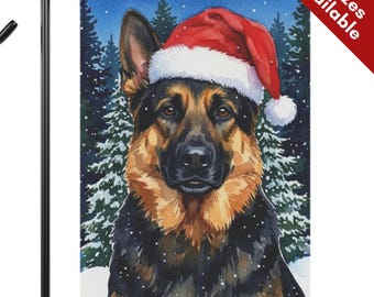 German Shepherd Christmas Garden Flag, Santa Hat GSD Dog House Flag, Watercolor Black Tan Dog Mom Gift, Snowy Winter Outdoor Yard Decor