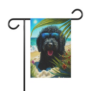 Summer Black Goldendoodle Beach Flag | Black Labradoodle Garden Flag Gift | Sunny Garden Flag Gift for Gardeners | Gift for Doodle Dog Moms