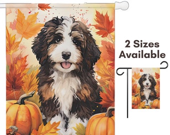 Bernedoodle Fall Garden Flag Gift | Tri Color Doodle House Flag | Autumn Sheepadoodle Aussiedoodle Yard Flag | Bernedoodle Mom Thanksgiving