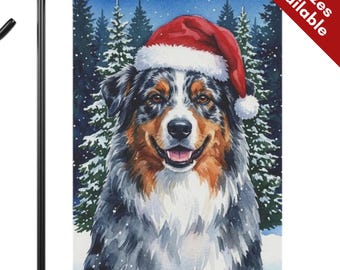 Australian Shepherd Christmas Garden Flag, Santa Hat Blue Merle Aussie House Flag, Watercolor Merle Dog Mom Gift, Snowy Winter Outdoor Decor