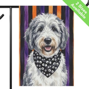 Sheepadoodle Halloween Garden Flag, Googly Eye Bernedoodle House Flag, Grey White Doodle Dog Mom Gift, Aussiedoodle Fall Yard Art