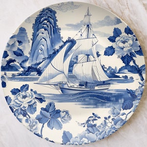 Blue Sailboat Plate Nautical Home Coastal Kitchen, Dinnerware Outdoor Dishwasher Safe, Sea Ocean Tall Ship Sailing Boat, Lake House Gift