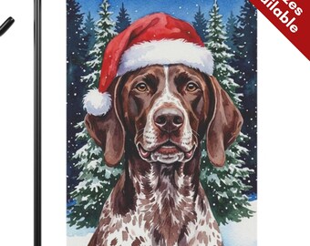 German Shorthaired Pointer Christmas Garden Flag, Santa Hat Liver White GSP House Flag, Watercolor Liver Dog Mom Gift, Snowy Winter Yard Art