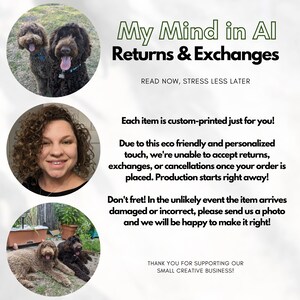 May include: A graphic with the text "My Mind in AI Returns & Exchanges" and the phrase "READ NOW, STRESS LESS LATER." The image includes photos of two dogs, a woman, and two dogs lying down.