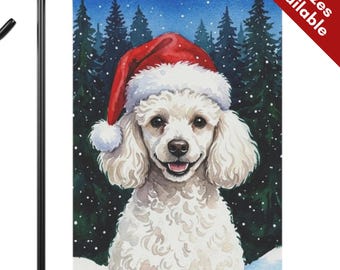 White Toy Poodle Christmas Garden Flag, Santa Hat Mini Poodle House Flag, Watercolor White Cream Dog Mom Gift, Mini Doodle Winter Yard Decor