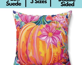 Colorful Pumpkin Pillow for Fall, Square Faux Suede Throw Pillow with Insert, Autumn Accent Pillow with Pastels and Pink Thanksgiving Home