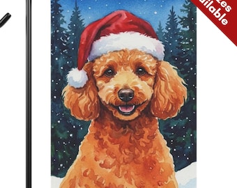 Apricot Toy Poodle Christmas Garden Flag, Santa Hat Mini Poodle House Flag, Watercolor Tan Red Dog Mom Gift, Mini Doodle Winter Garden Decor