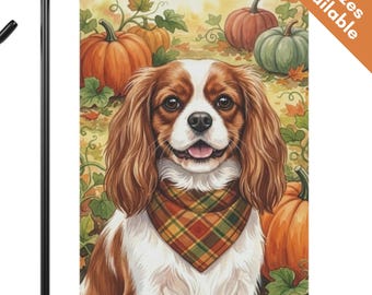 Cavalier King Charles Thanksgiving Pumpkin Flag, Blenheim Fall Garden Flag, Autumn House Flag, Cavalier Dog Mom Gift, Pumpkin Patch Yard Art