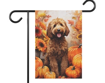 Goldendoodle Fall Garden Flag | Autumn Labradoodle Garden Flag with Pumpkins Watercolor | Tan Cream Apricot | Doodle Mom Thanksgiving Gift