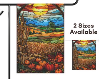 Fall Pumpkin Garden Flag Gift | Harvest House Flag | Autumn Stained Glass Style Design | Thanksgiving Hostess Gift | Colorful Yard Decor