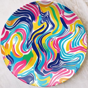 Colorful Summer Dinner Plate Dinnerware, Outdoor Dishwasher Safe, Unique Abstract Brushstroke Potluck Plate, Decorative Party Kitchen Decor