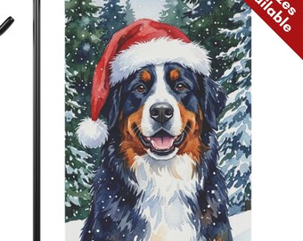 Bernese Mountain Dog Christmas Garden Flag, Santa Hat Tri Color Bernese House Flag, Watercolor Black White Dog Mom Gift, Snowy Winter Decor