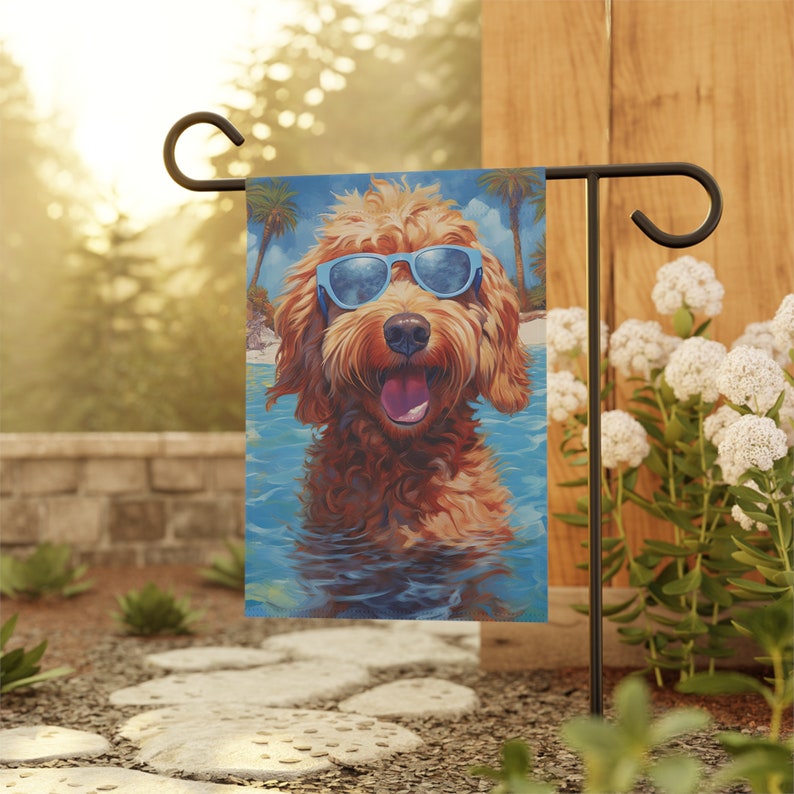 Cool Summer Goldendoodle Yard Flag | Beach Labradoodle Wearing Sunglasses Garden Flag Gift | Gift for Doodle Dog Moms | Tan Cream Apricot image 5