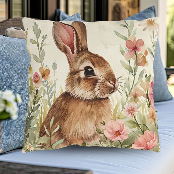 Spring Bunny Outdoor Pillow Porch Decor, UV Water Resistant, Patio Pillow, Easter Porch Accent Throw Pillow, Decorative Bunny Lover Decor