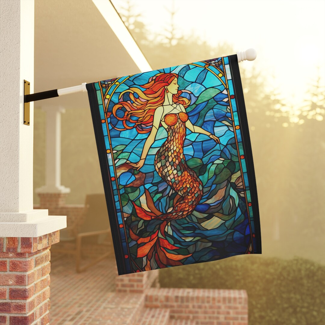 Mermaid Beach House Flag Stained Glass Style Art | Colorful Mermaidcore ...
