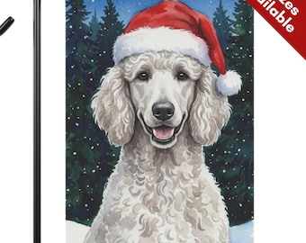 Silver Poodle Christmas Garden Flag, Santa Hat Standard Poodle House Flag, Watercolor Gray Coat Dog Mom Gift, Snowy Winter Porch Yard Decor