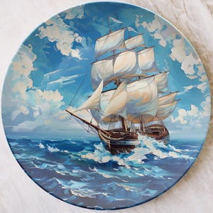 Blue Sailboat Plate Nautical Home Coastal Kitchen, Dinnerware Outdoor Dishwasher Safe, Sea Ocean Tall Ship Sailing Boat, Lake House Gift