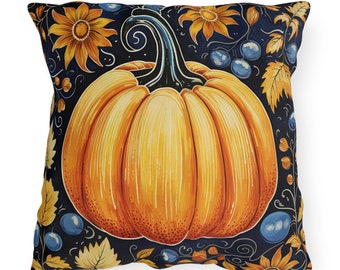 May include: Square decorative pillow featuring a large orange pumpkin with a dark blue background. The pumpkin is surrounded by yellow sunflowers, blue berries, and autumn leaves. The pillow has a white background.