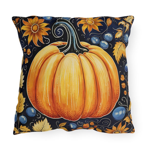 Outdoor Fall Pumpkin Pillow for Porches and Patio | Dark Blue Orange UV Water Resistant Gift | Decorative Autumn Throw Pillow Accent Pillow