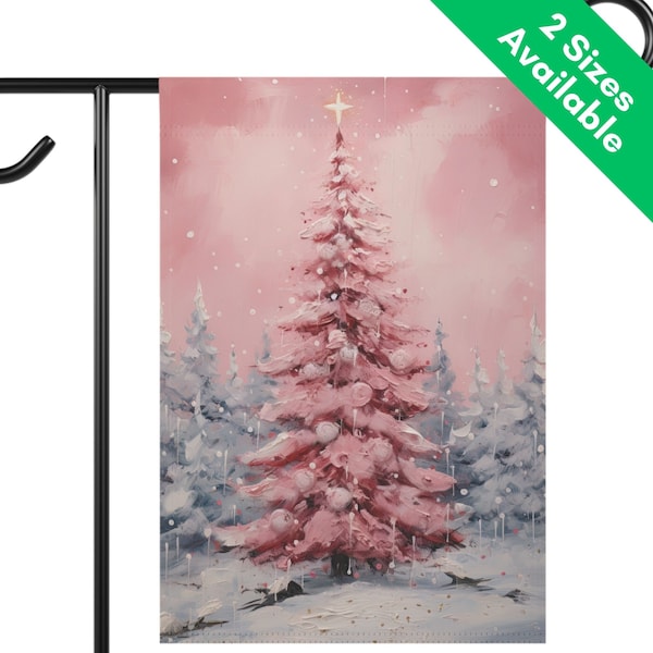 Pink Christmas Tree Garden Flag Gift, Pastel Pink Multicolor Outdoor Christmas House Flag, Merry and Bright Pink Fantasy Holiday Flag Decor