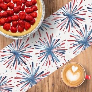 Fireworks Table Runner 4th of July Table Decor, Washable Fabric Table Runner, Patriotic Red White Blue Tabletop Dining Summer Dresser Scarf
