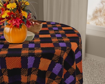Halloween Plaid Tablecloth Purple Orange Black , Square Dining Table Overlay, Washable Fall Autumn Tablecloth, Spooky Party Decor Table Top