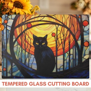 Tabla de cortar de gato negro de vidrieras / Tabla de cortar de cocina de Halloween / Otoño Cat Lover Hot Plate Trivet Summer Charcuterie Board Regalo