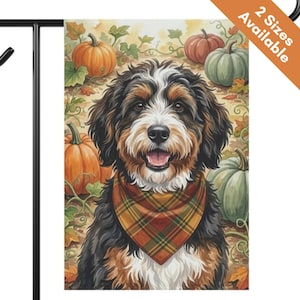 Bernedoodle Thanksgiving Pumpkin Flag, Fall Sheepadoodle Garden Flag, Autumn House Flag, Black Brown Doodle Dog Mom Gift, Aussiedoodle Art