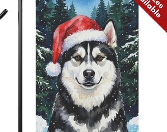 Siberian Husky Christmas Garden Flag, Santa Hat Husky Dog House Flag, Watercolor Black White Dog Mom Gift, Snowy Winter Outdoor Yard Decor
