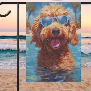 Cool Summer Goldendoodle Yard Flag | Beach Labradoodle Wearing Sunglasses Garden Flag Gift | Gift for Doodle Dog Moms | Tan Cream Apricot