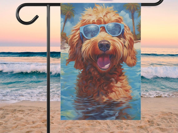 Cool Summer Goldendoodle Yard Flag | Beach Labradoodle Wearing Sunglasses Garden Flag Gift | Gift for Doodle Dog Moms | Tan Cream Apricot