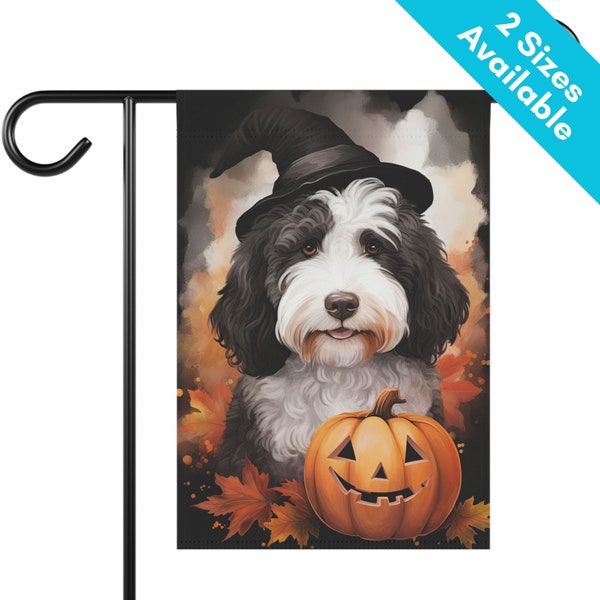 Sheepadoodle Halloween Garden Flag Gift | Grey White Black Bernedoodle Halloween House Flag | Doodle Mom Decor, Fall Pumpkin Jackolantern