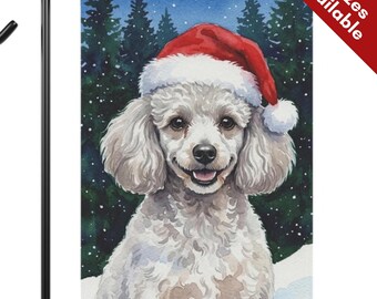 Silver Toy Poodle Christmas Garden Flag, Santa Hat Mini Poodle House Flag, Watercolor Gray Dog Mom Gift, Mini Doodle Winter Porch Yard Decor