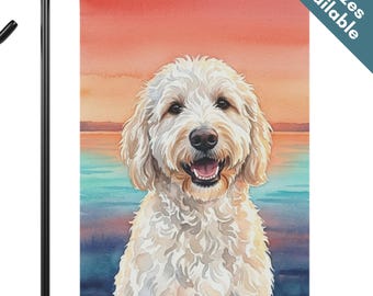 White Goldendoodle Summer Garden Flag, Lakeside Sunset Labradoodle House Flag, Cream Doodle Dog Mom Gift, End of Summer Lake House Decor