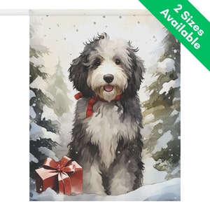 Sheepadoodle Christmas Garden Flag, Winter Bernedoodle House Flag, Snowy Lawn Gift for Doodle Mom Dad of 2 Color Doodle Grey White Black