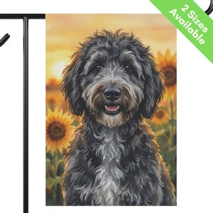 Gray Goldendoodle Sunflower Garden Flag, Autumn Sheepadoodle House Flag, Gray Doodle Dog Mom Gift, End of Summer Yard Art