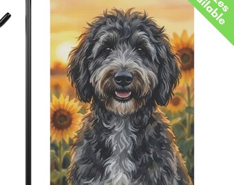 Gray Goldendoodle Sunflower Garden Flag, Autumn Sheepadoodle House Flag, Gray Doodle Dog Mom Gift, End of Summer Yard Art