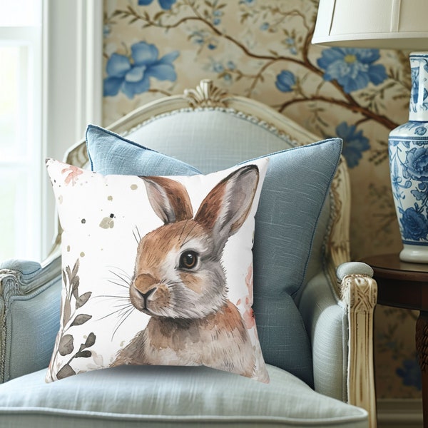 Spring Bunny Faux Suede Pillow, Easter Bunny Soft Throw Pillow, Soft Florals Sofa Accent Pillow Decor, Double Sided Couch Pillow with Insert