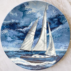 Blue Sailboat Plate Nautical Home Coastal Kitchen, Dinnerware Outdoor Dishwasher Safe, Sea Ocean Tall Ship Sailing Boat, Lake House Gift