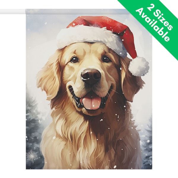 Golden Retriever Christmas Garden Flag, Santa Hat Golden Retriever House Flag, Snowy Winter Lawn Gift for Golden Dog Mom Owner Present