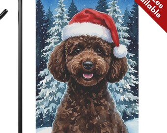 Chocolate Toy Poodle Christmas Garden Flag, Santa Hat Mini Poodle House Flag, Watercolor Brown Dog Mom Gift, Mini Doodle Winter Garden Decor