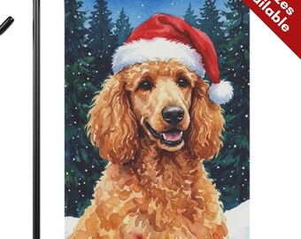 Apricot Poodle Christmas Garden Flag, Santa Hat Standard Poodle House Flag, Watercolor Tan Red Dog Mom Gift, Snowy Winter Outdoor Yard Decor