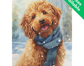 Tan Goldendoodle Winter Garden Flag Gift, Scarf Wearing Apricot Labradoodle House Flag Holiday Lawn Decor, Gift for Tan Doodle Dog Mom Dad