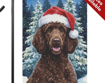 Chocolate Brown Poodle Christmas Garden Flag, Santa Hat Standard Poodle House Flag, Watercolor Brown Dog Mom Gift, Snowy Winter Garden Decor