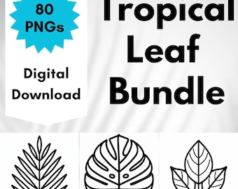 Tropical Leaf Clip Art Digital Download Bundle, 80 PNGs No Background, Craft Template Coloring Book Printable Stencil, Summer Kids Activity