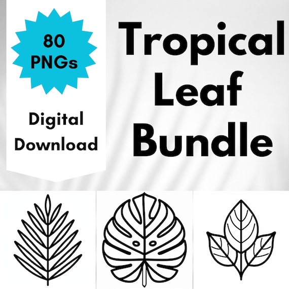Tropical Leaf Clip Art Digital Download Bundle, 80 PNGs No Background, Craft Template Coloring Book Printable Stencil, Summer Kids Activity