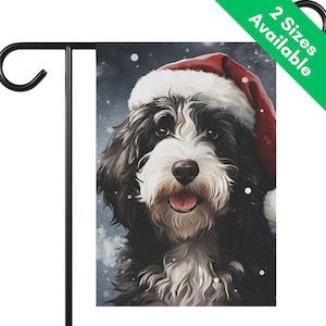 Sheepadoodle Christmas Garden Flag, Santa Hat Bernedoodle House Flag, Winter Lawn Gift for Doodle Mom Dad of 2 Color Doodle Grey White Black